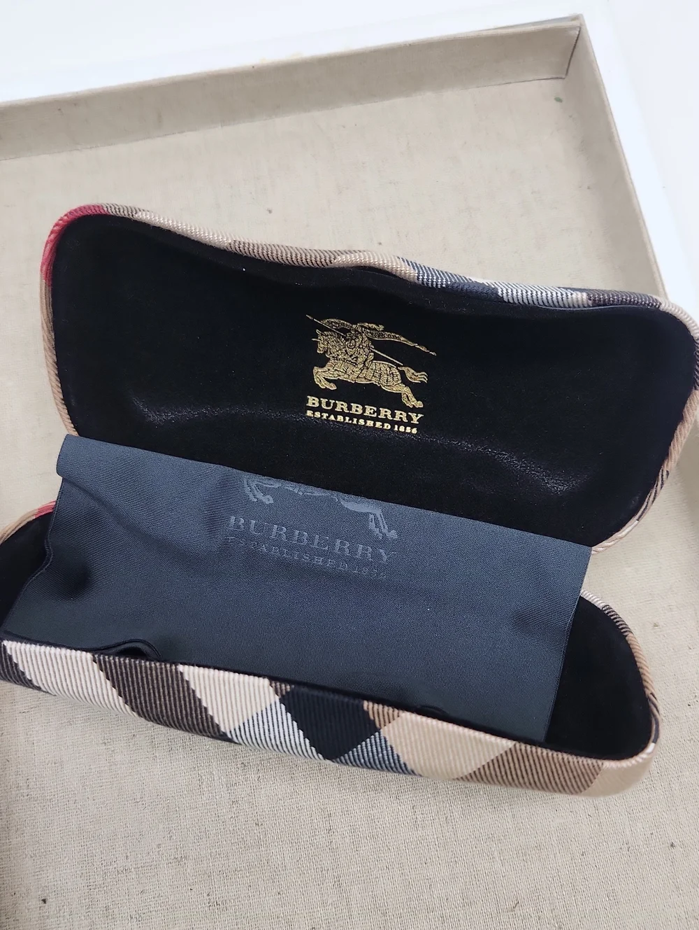 Burberry Black and Beige Plaid Eyewear Case with Branded Cloth